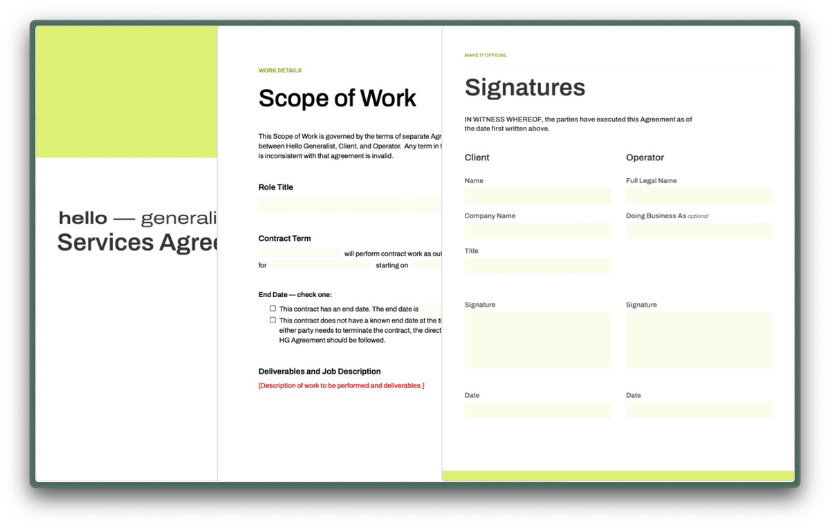 Examples of contract paperwork from HG.